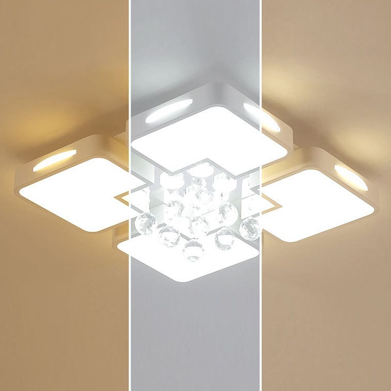 White Rectangular LED Flush Light Modern Acrylic Living Room Ceiling Fixture with Crystal Balls