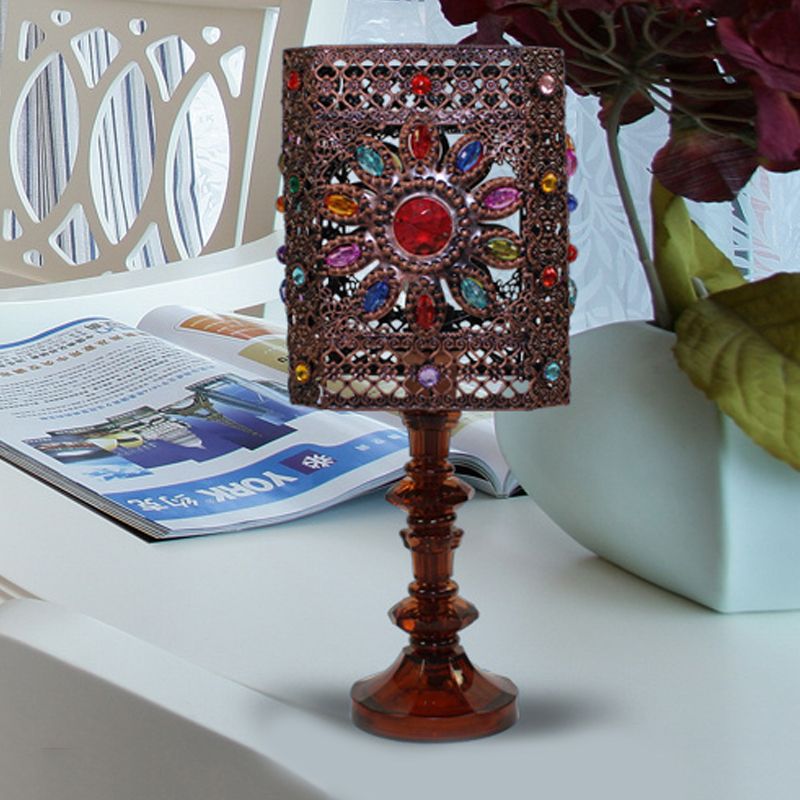 Metal Red/Purple Table Lamp Rectangle/Cylinder 1 Head Art Deco Nightstand Lighting for Dining Room