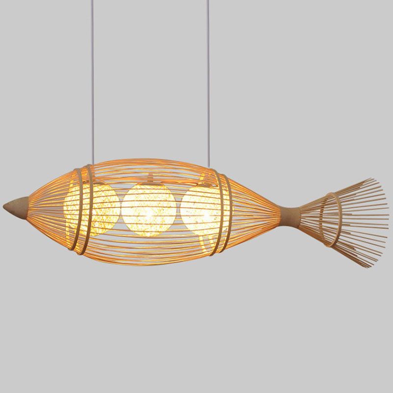 Handgefertigter Fisch Tea Room Kronleuchter Beleuchtung Bambus minimalistischer Anhänger Licht in Holz