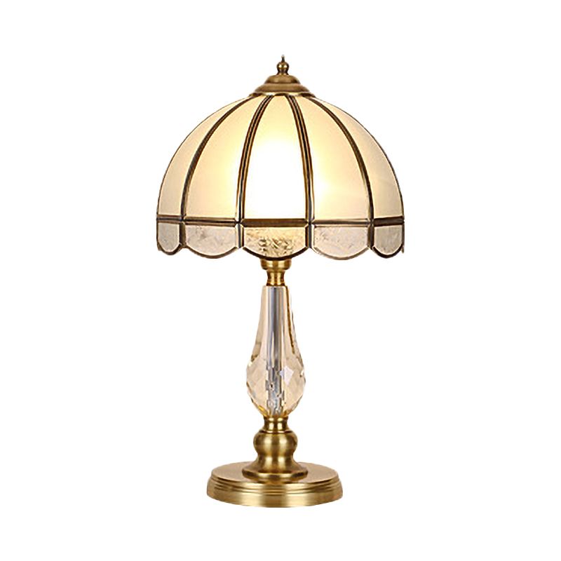 1 Bulb Night Table Lamp Vintage Scalloped Shade Beige/Frosted Glass Nightstand Light in Gold with Clear Crystal Accent