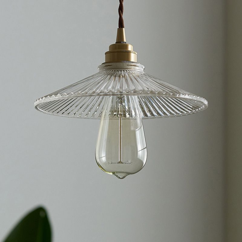 Clear Ribbed Glass Conical Suspension Lighting Retro Style Single Dining Room Pendant Ceiling Light