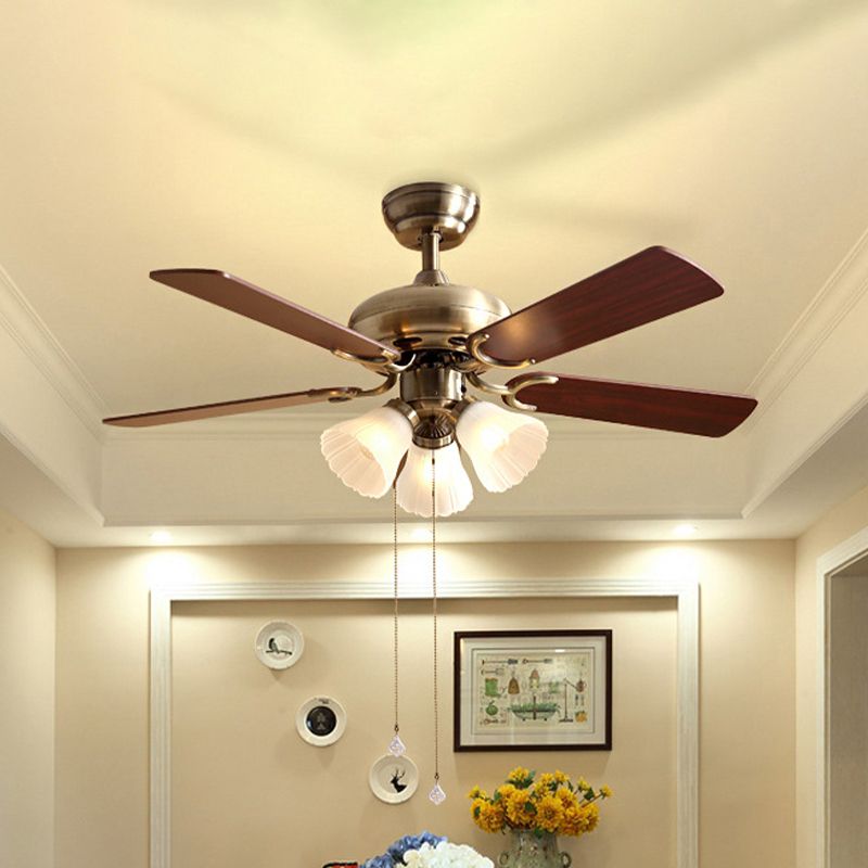 42" W Flower Dining Room Semi Flush Mount Traditional Cream Glass Brass 5-Blade Hanging Fan Light Fixture