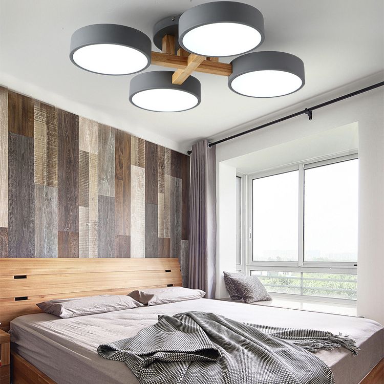 LED Nordic Creative Semi Flush Mount Ceiling Light Circle Shade Wooden Ceiling Mounted Light for Bedroom