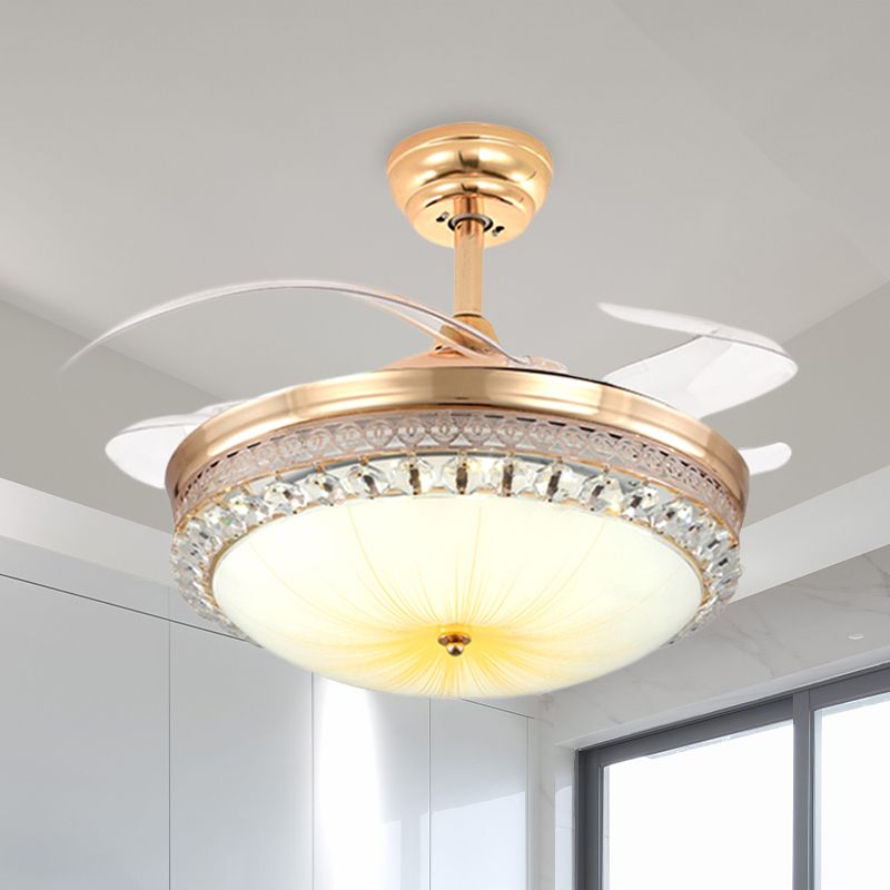 43 "brede 3-blade LED-ventilator verlichtingsarmatuur modernistische koepel gesneden kristal semi-spoelbevestiging plafondlicht in goud