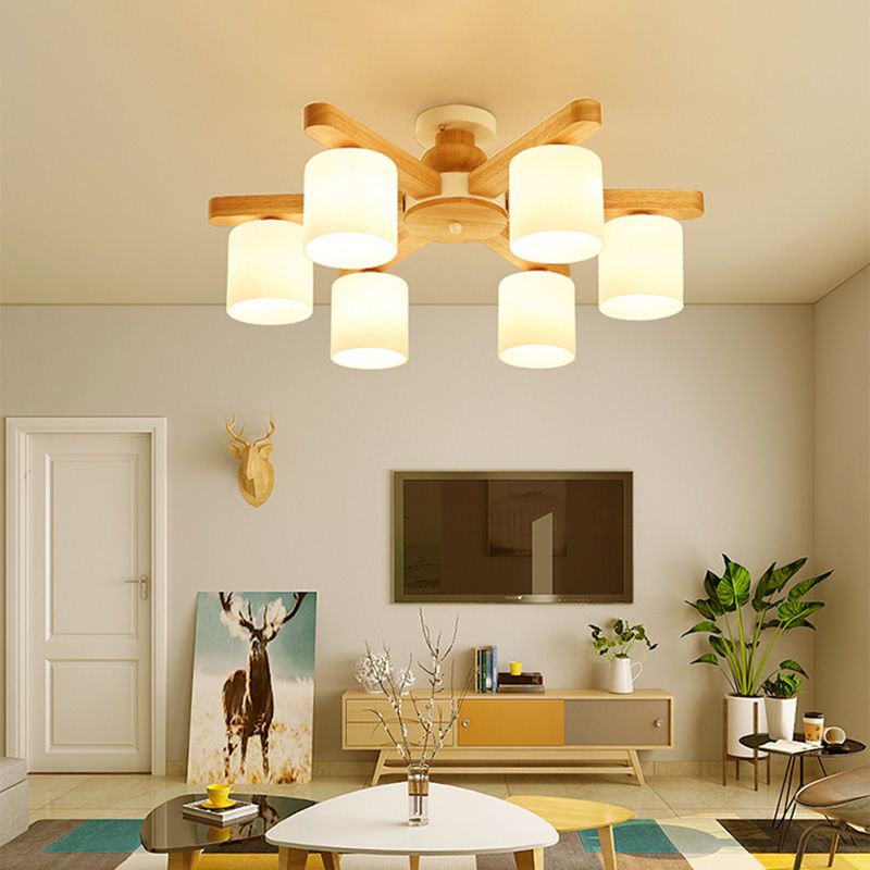 Cilíndrico Cilíndrico Semi Flush Lighture Estilo simple Madera Semi Flush Mount Chandelier