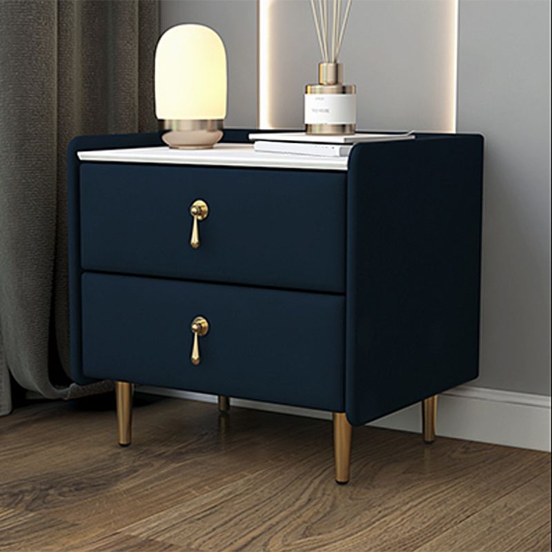 19 Inch Tall Nightstand Glam 2-Drawer Stone Top Faux Leather Night Table