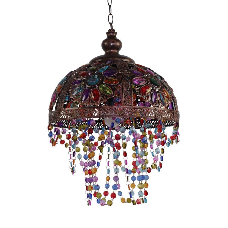 Silver/Rust Dome Shade Hanging Light with Beaded Strand Bohemia Style 1 Light Ceiling Light Fixture