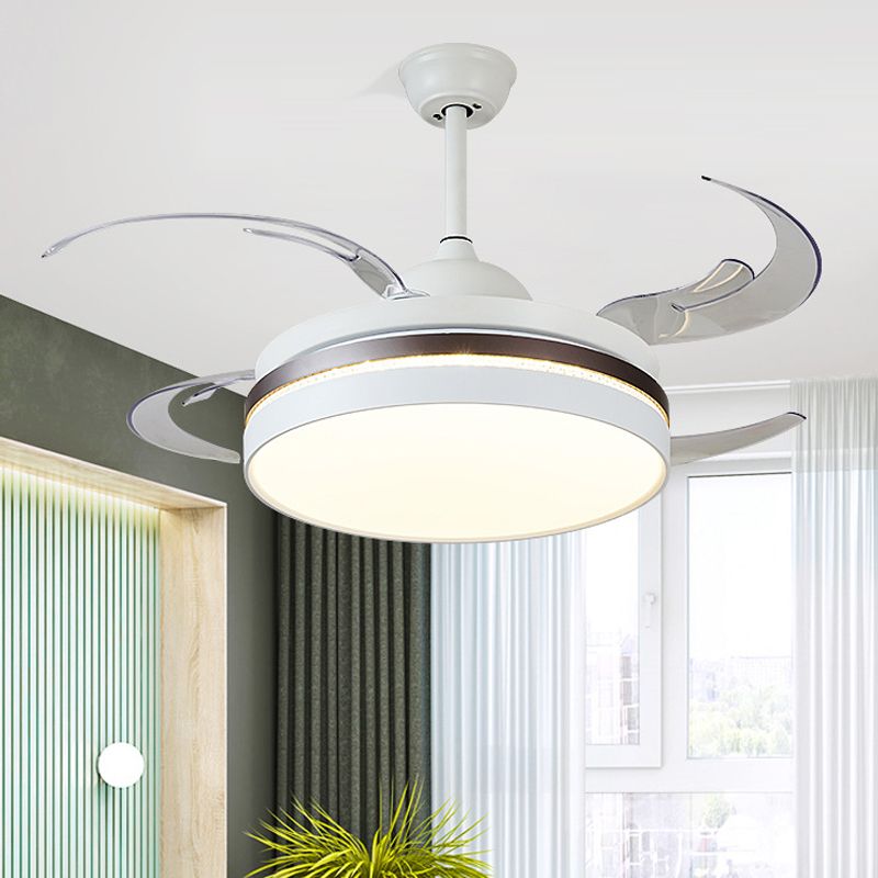 48" W LED Pendant Fan Lighting Minimalism Circle Metal Semi Flush Mount Ceiling Light in White for Bedroom, 4 Blades