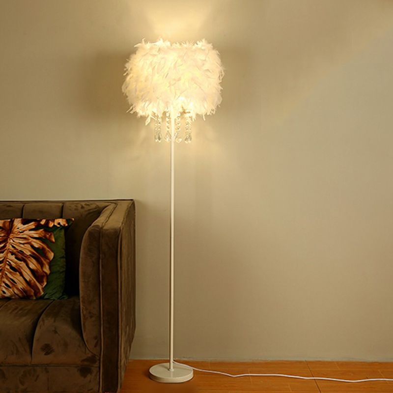 Drum Shade Standing Light Minimalistic Feather 1 Bulb Living Room Floor Lamp in White