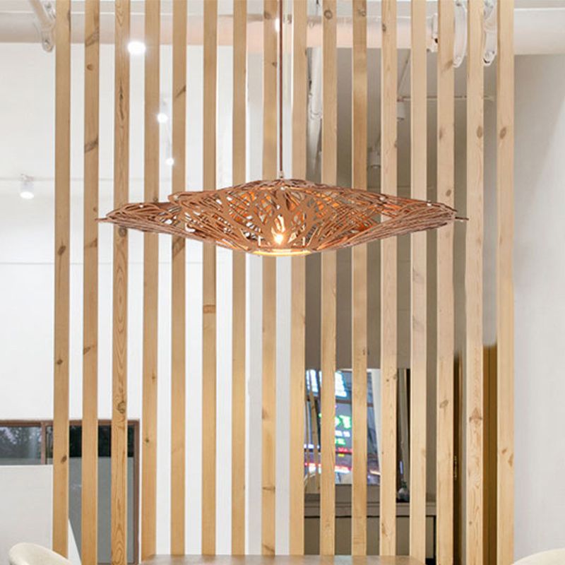 1 Head Dining Room Pendant Light Asia Beige Suspended Lighting Fixture with Laser Cut Wood Shade