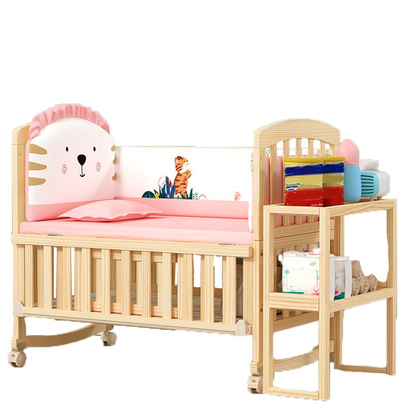 Solid Wood Convertible Crib in Natural Wooden Crib with Wheels and Storage