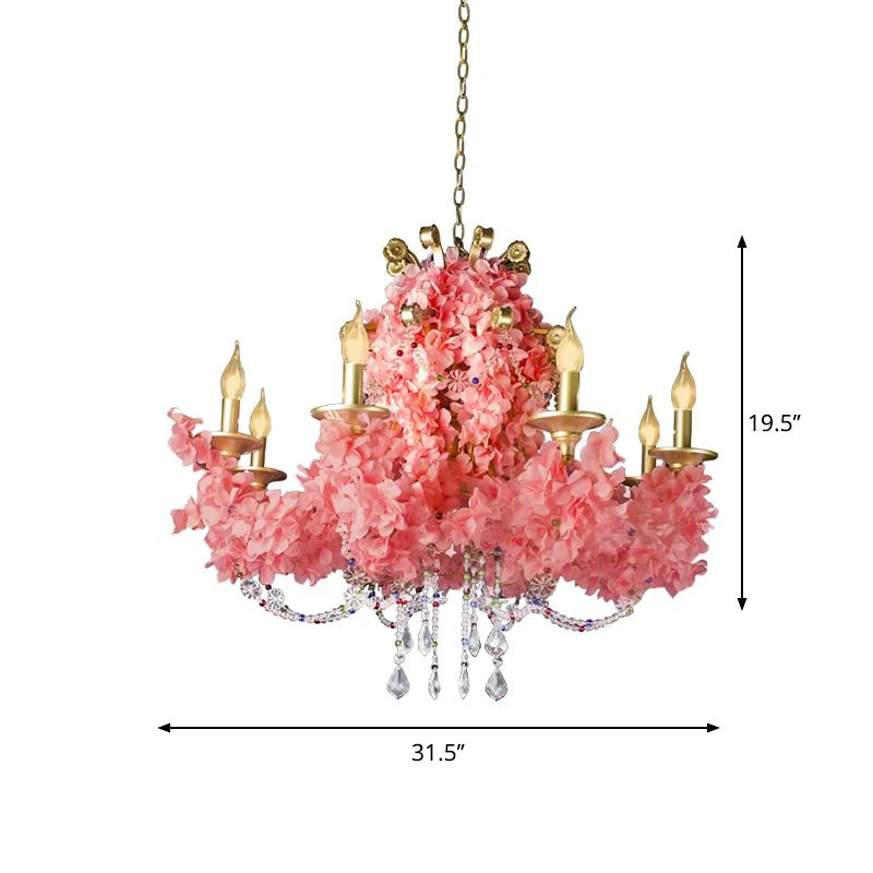 Candlestick Iron Chandelier Lamp Industrial 8 Bulbs Restaurant Flower Suspension Pendant in Pink with Crystal