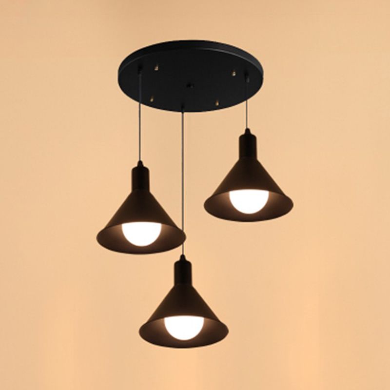 Funnel Dining Room Ceiling Light Industrial Metallic 3 Lights Black Ceiling Pendant with Linear/Round Canopy