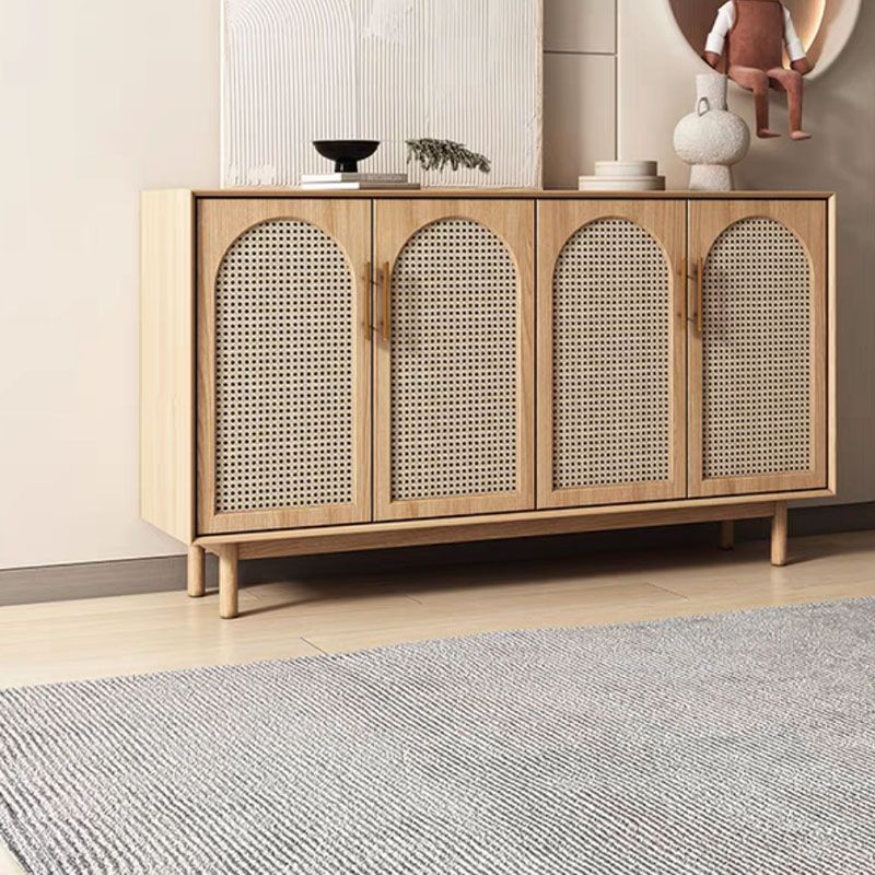 Contemporary Brown Wicker Doors Sideboard Solid Wood Buffet Table with Doors