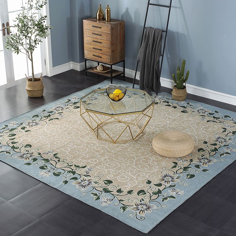 Blue Sitting Room Rug Vintage Leaf Pattern Indoor Rug Polyester Pet Friendly Washable Non-Slip Backing Carpet