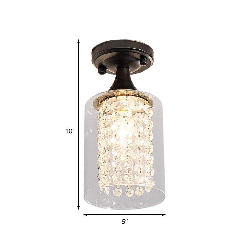 1 Corridor Light Corridor Semi Flush Mount Lumière avec Cylindre / Globe Glass Shade and Crystal Strand Vintage Black Plafond Aymording