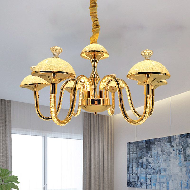 Bowl-Shaped K9 Crystal Pendant Chandelier Modernism LED Gold Hanging Light with Frosted Glass Shade