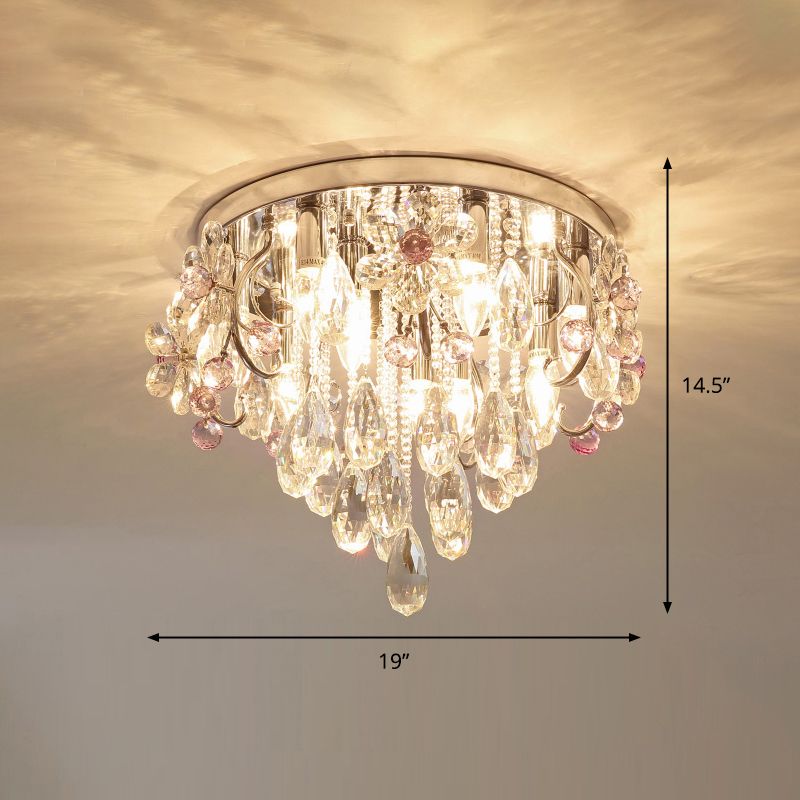 Crystal Teardrops Ceiling Mount Light Modern Chrome Finish Flush Light Fixture for Bedroom