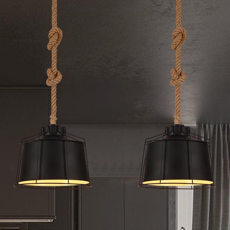 Metallic Tapered Ceiling Pendant Light Loft Style 1 Light Restaurant Ceiling Light with Wire Frame and Rope Cord in Black