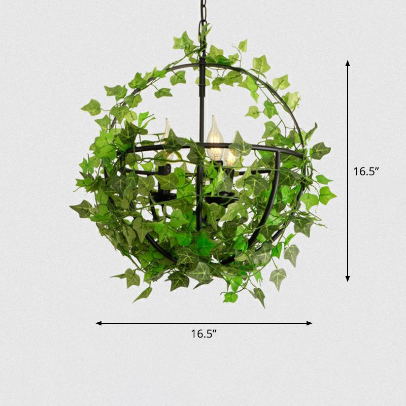 3-Light Iron Ceiling Chandelier Industrial Green Fake Plant and Cage Restaurant Pendant Lamp