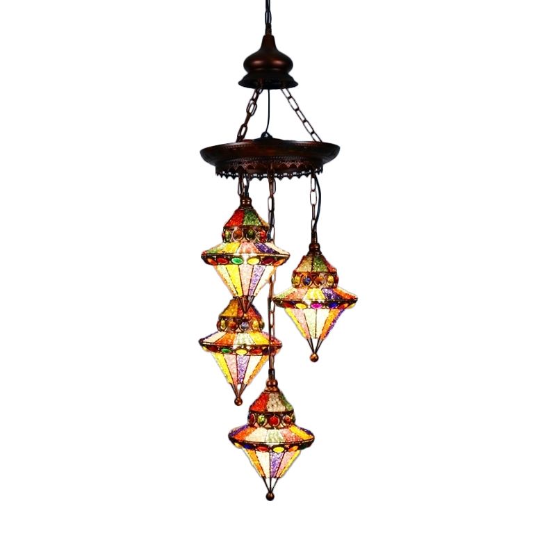 Metal Lantern Chandelier Lamp Bohemian 4 Heads Living Room Drop Lamp in Copper