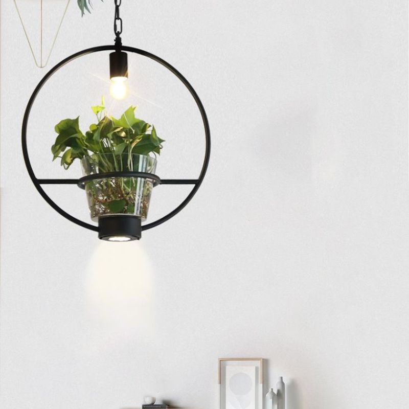 Black 1 Light Down Lighting Industrial Iron Circular/Rectangular Cage Drop Pendant with Clear Glass Plant Pot