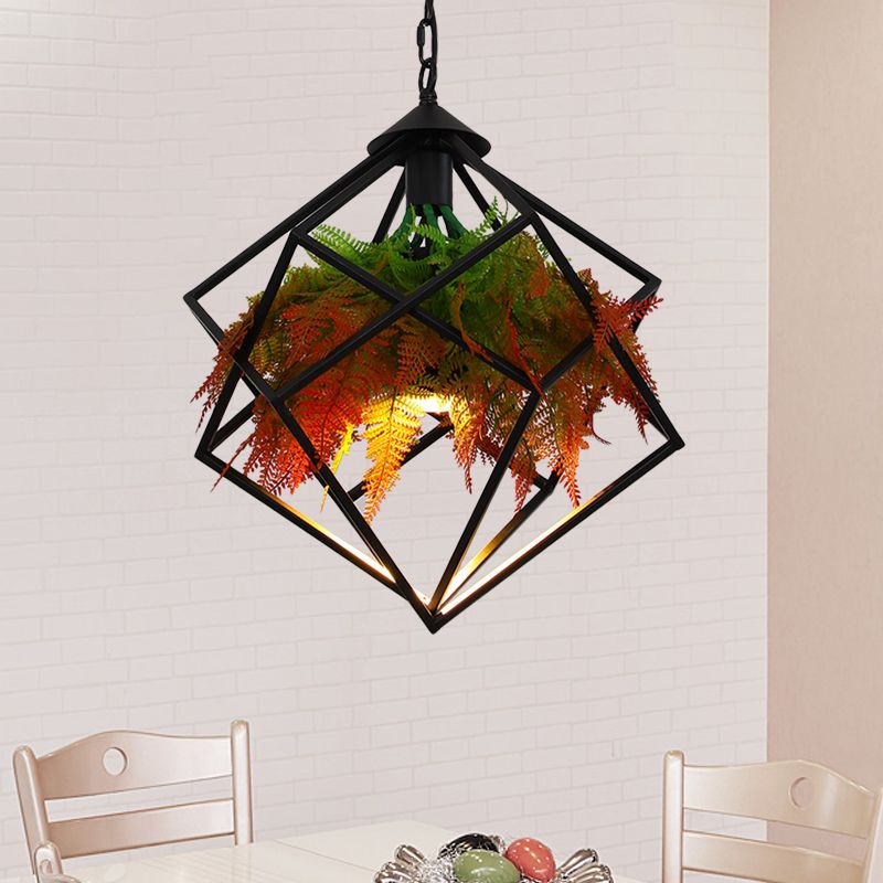 Geometric Restaurant Pendant Lighting Industrial Metal 1 Bulb Black LED Plant Hanging Light Fixture, 16"/18.5" Wide