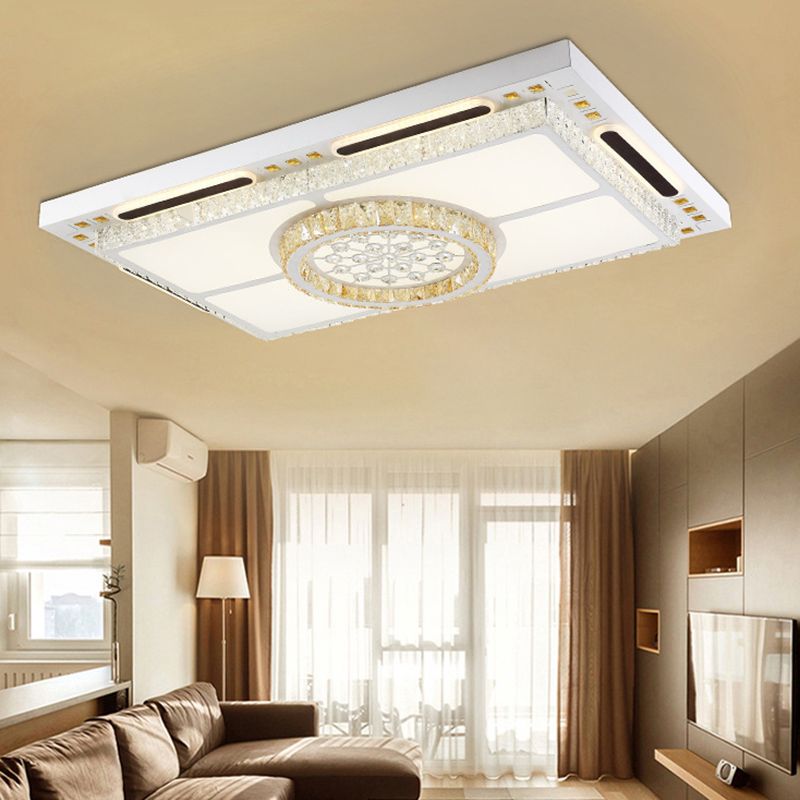 Contemporary LED Flush Mount Fixture White Rectangle Ceiling Light with Crystal Shade