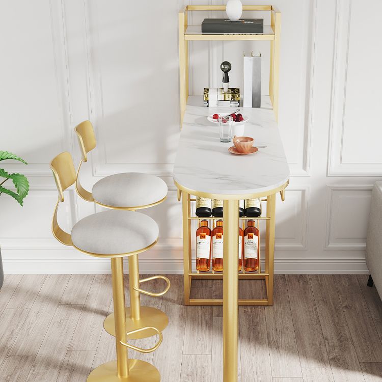 Glam Gold Iron Bar Table Faux Marble White Top 41.3"H Bistro Table with Wine Rack