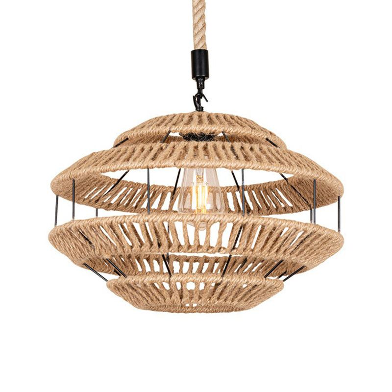 Hemp Roped Brown Ceiling Light Basket 1-Light Rustic Suspension Pendant for Dining Room