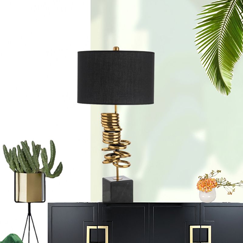 Drum Living Room Table Lighting Marble 1-Head Post-Modern Night Lamp in Black with Fabric Shade