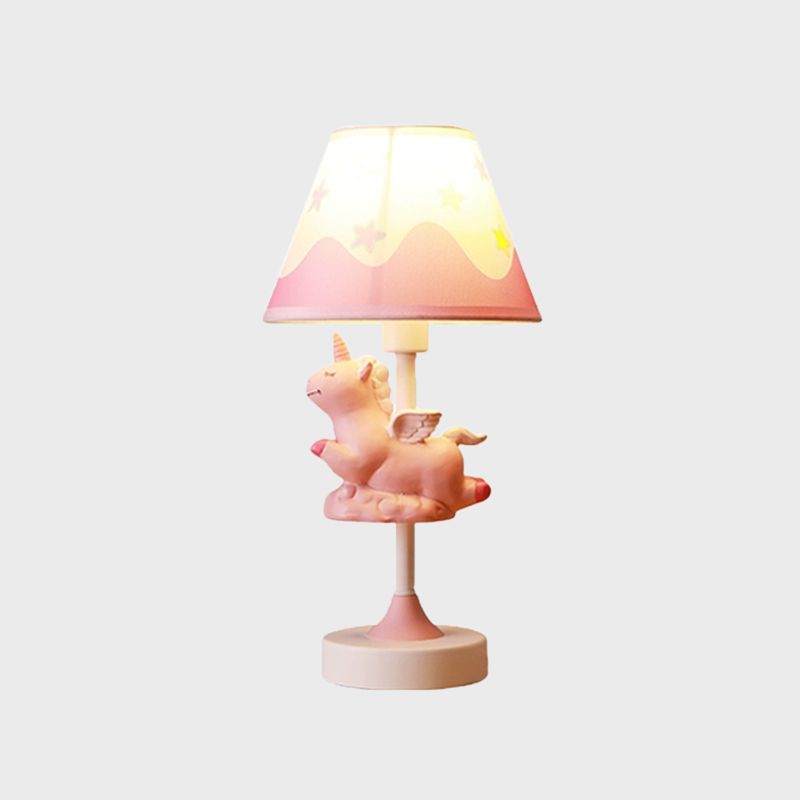 Cartoon 1 Light Table Lighting with Fabric Shade Conical Pink/Blue/Gold Unicorn Nightstand Lamp for Study Room