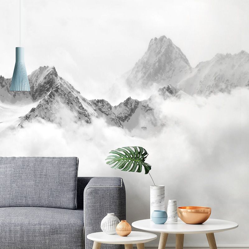 Peak and Cloud Wall Mural in Black and White, Minimalist Wall Covering for Home Decoration