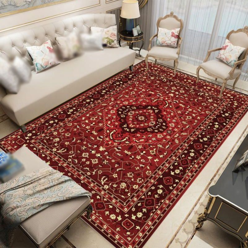 Red Moroccan Rug Polyester Graphic Area Rug Non-Slip Backing Rug for Living Room