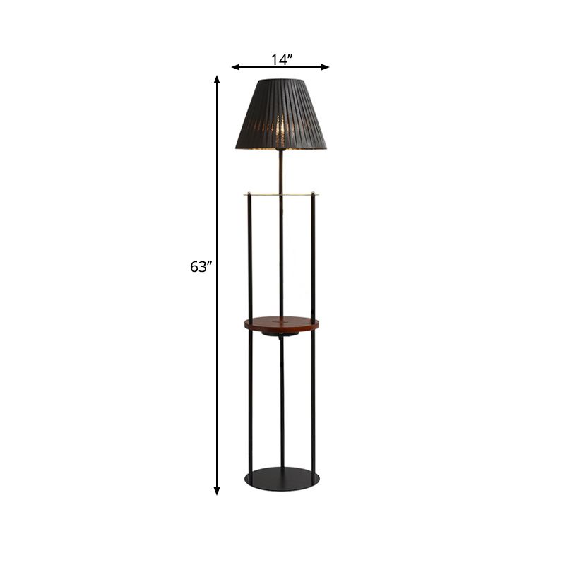 Pleated Fabric Tapered Stand Up Light Modernist 1-Light Black Finish Standing Floor Lamp with Shelf