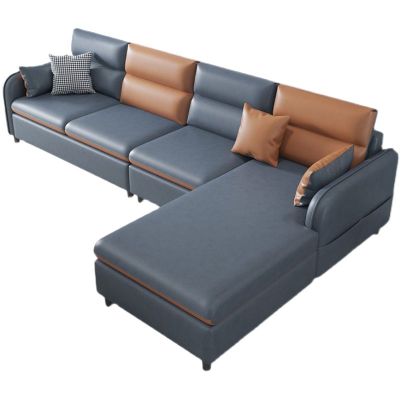 Sectional moderno de brazo cuadrado de cuero con almohadillas con almohadas, resistente a las manchas