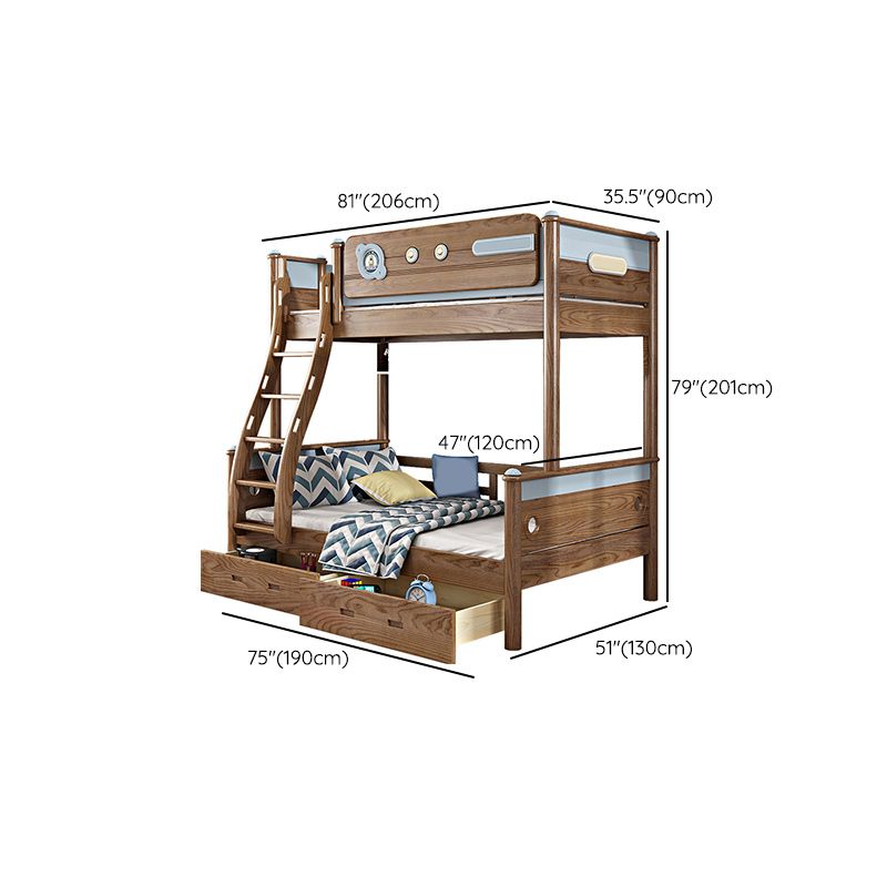 Brown Ash Standard Bunk Bed Solid Wood Scandinavian Bed with  Guardrail