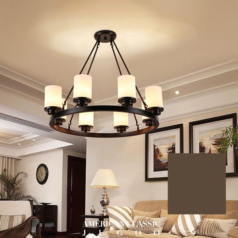 Black Wrought Iron Round Large Chandelier White Glass Cylindrical Shade Traditional Style Lighting Fixture for Dining Room