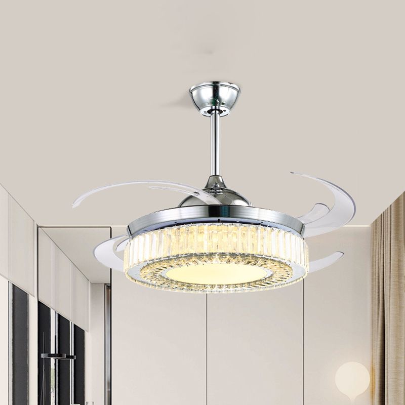 47" Wide LED Flush Ceiling Fan Minimalist Round Crystal Semi Flush Light with 4 Retractable Blades in Chrome