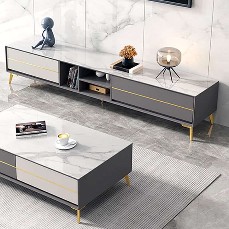 Contemporary TV Media Stand with Shelves, Slate Top Media Console TV Stand