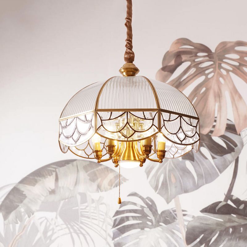 Prismatic Glass Gold Chandelier Lamp Scalloped 7-Bulb Colonial Hanging Light with Pull Chain Switch