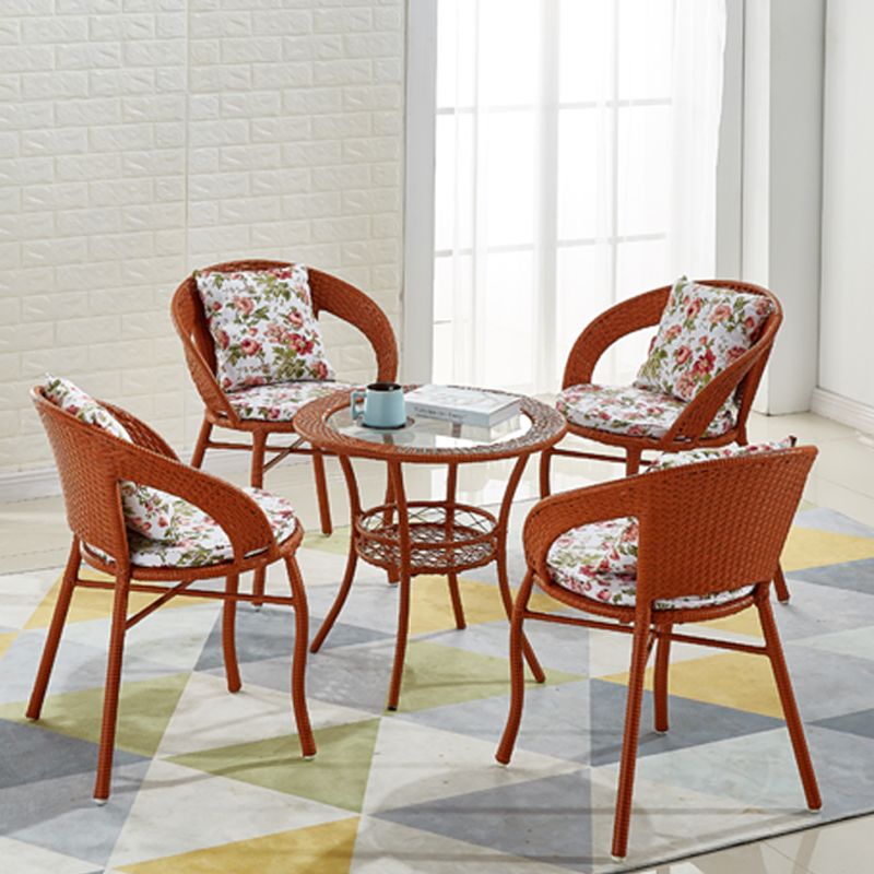 Glass Dining Table Set with Armless Rattan Chairs for Courtyard