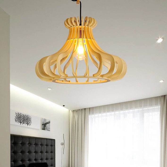 Éclairage pendentif en forme d'oignon contemporain Bois 1 chambre légère de chambre à coucher en beige