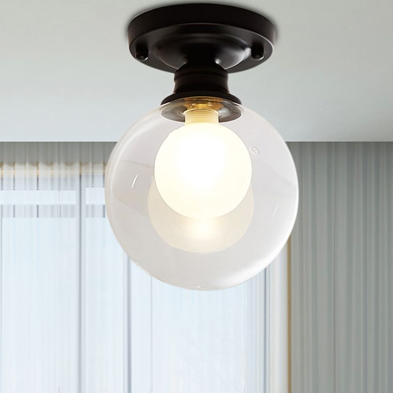 Black One Light Ceiling Lighting Industrial Clear Glass Globe/Round/Oval Shade Flush Mount Light for Living Room