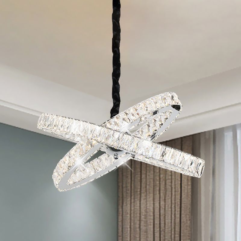 Simple Crossed Rings Chandelier Beveled Crystal Encrusted LED Hanging Pendant Light in Stainless Steel