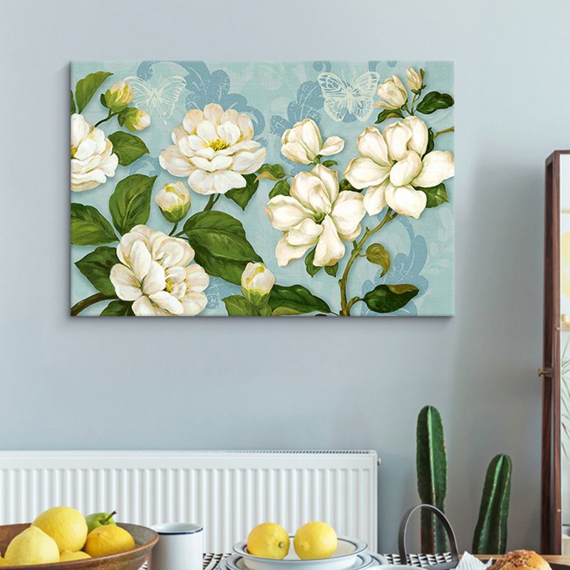 Big Blooming Magnolia Painting Canvas Art for Bedroom, Blue and White, Textured Surface