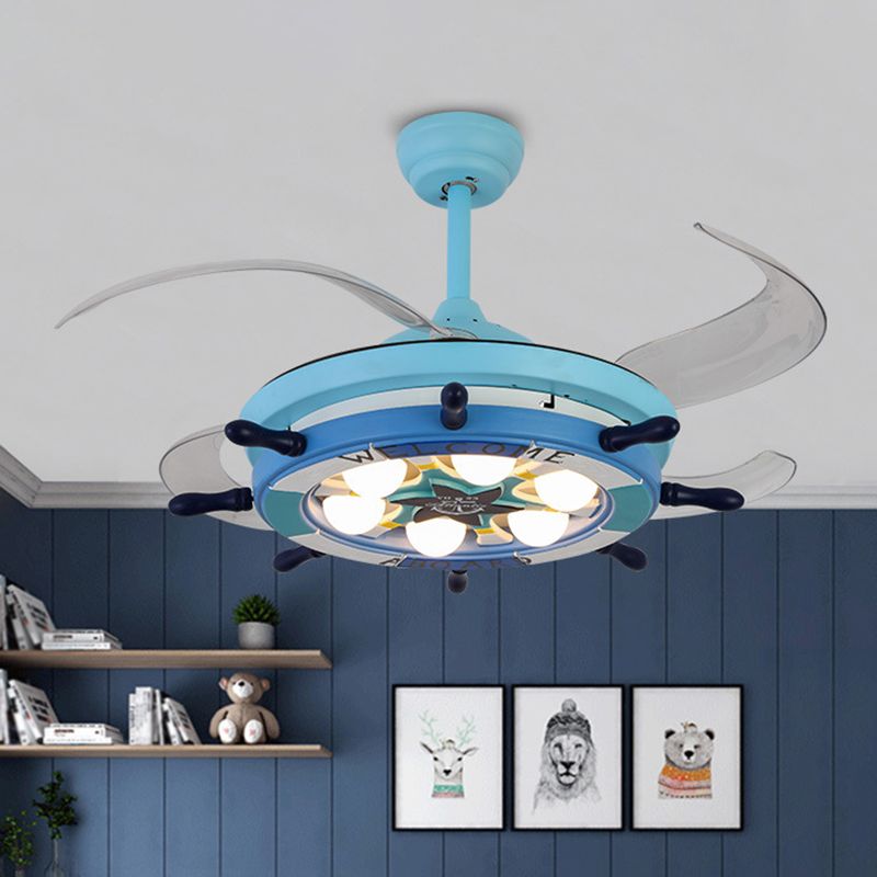 Metal Rudder Semi-Flush Mount Ceiling Light Kids 42 Inches Wide LED Blue Pendant Fan Light with 4 Clear Blades