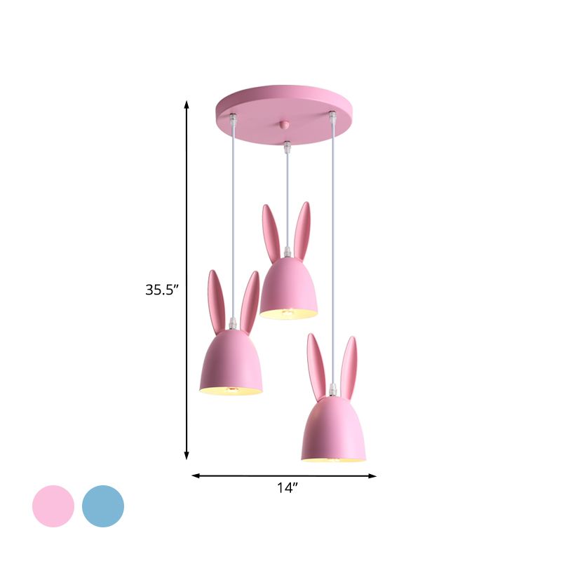 Rose / bleu Rabbit Shade Drop Cluster Pendant Light Cartoon 3 lumières Metal Hanging Lampe