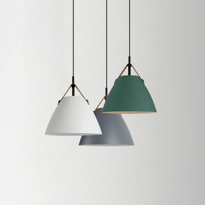 Macaron Conical Pendant Lamp Metallic 1 Head Dining Room Ceiling Light with Acrylic Diffuser and Leather Strap