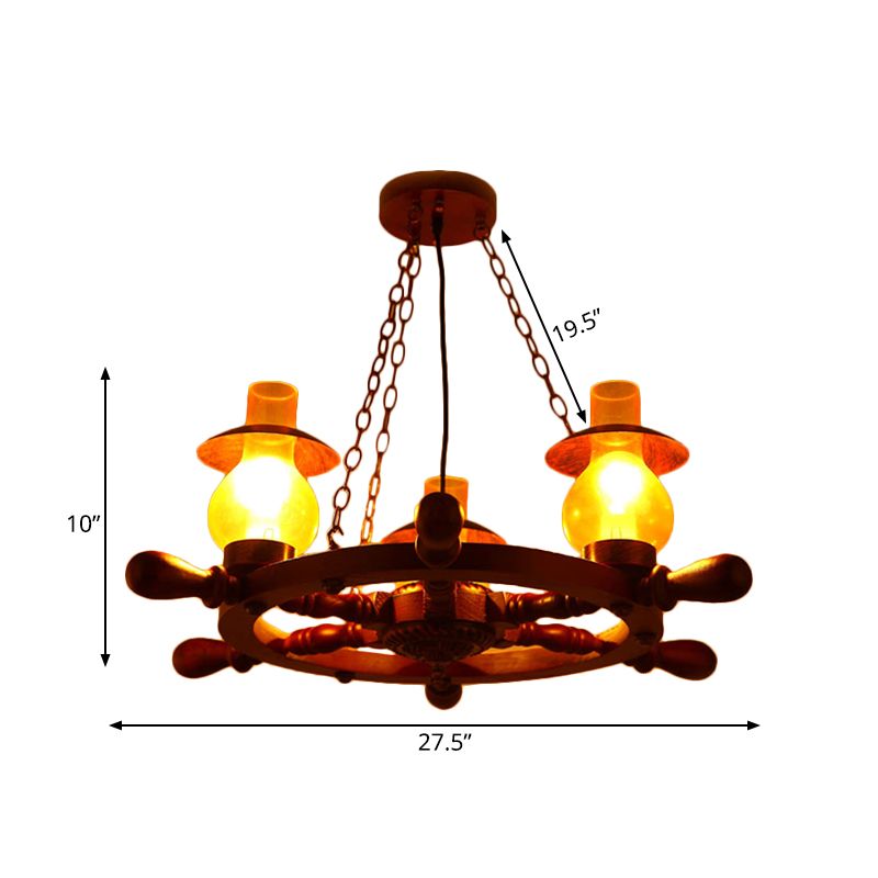 3 Heads Ceiling Chandelier Industrial Dining Room Wood Pendant Light with Vase Yellow Glass Shade